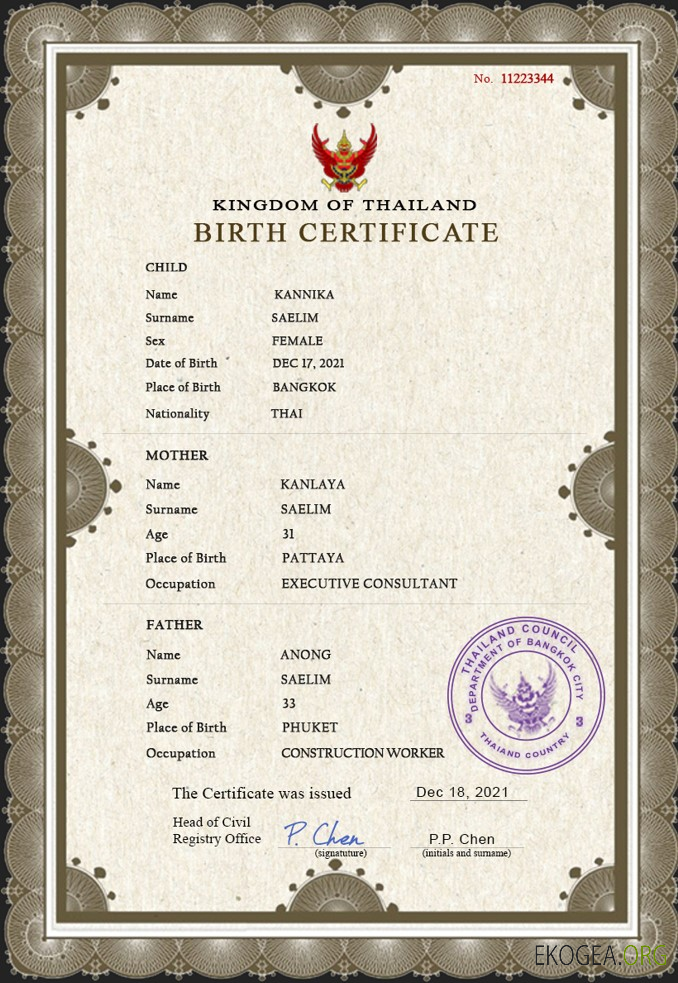 Modèle PSD de certificat de naissance de l'état civil de la Thaïlande